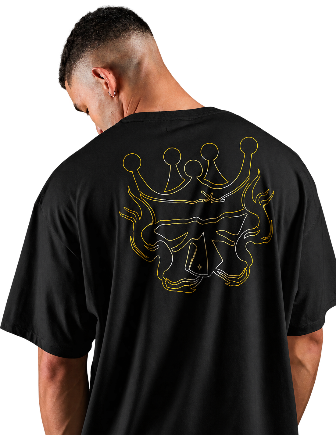 Model wearing a black Phatwoodz graphic shirt, viewed from the back